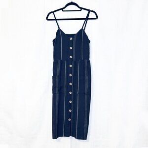 Dark Navy Blue (Almost Black) Striped Button-Front Midi Dress with Pockets
